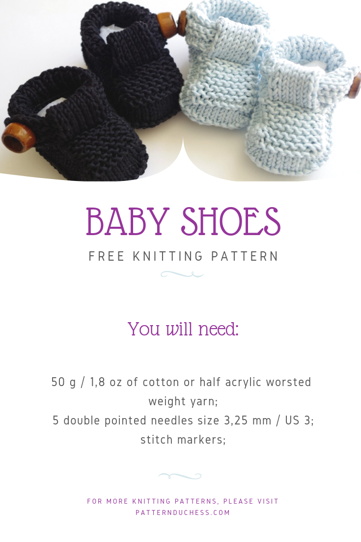 Tutorial for easy knit baby shoes with buttons. Free pattern.
