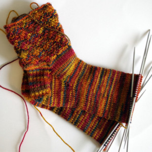 Knitted socks with diagonal ribbing