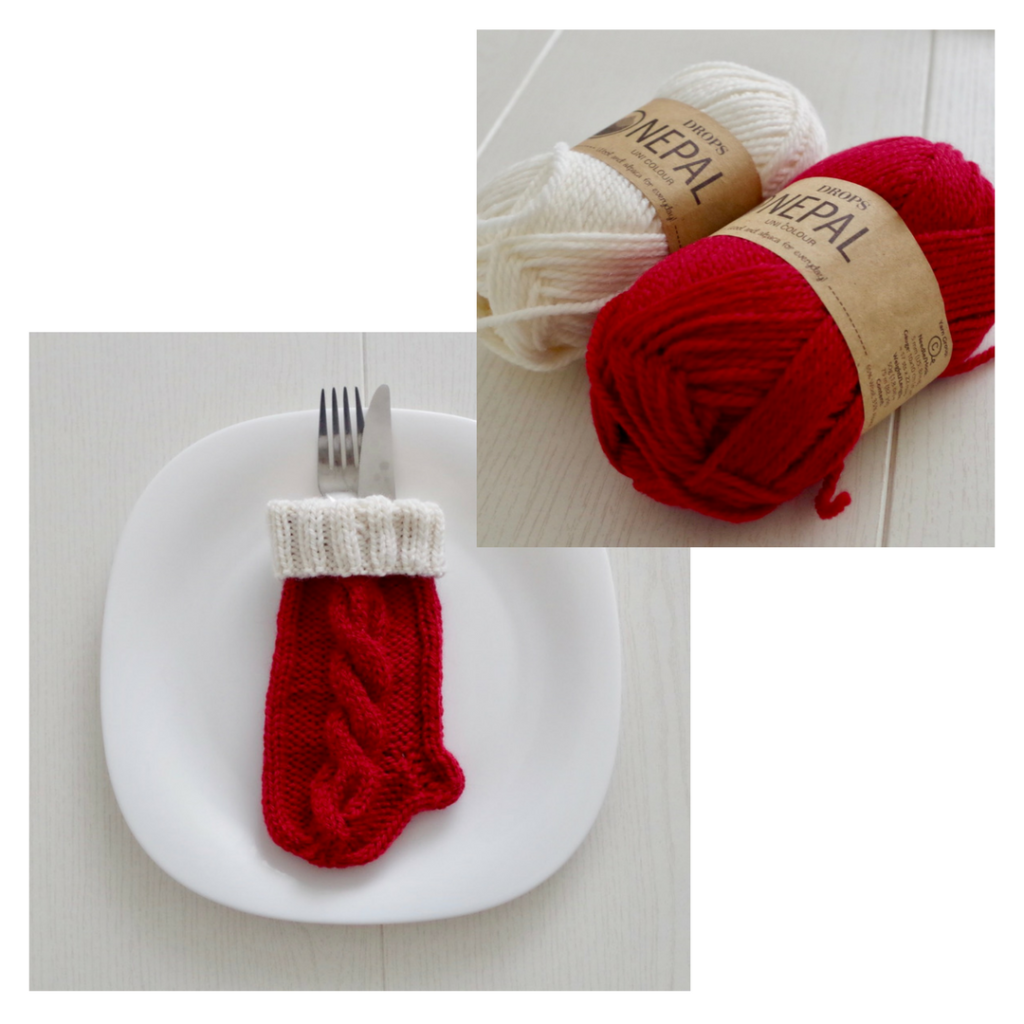 Easy knitting pattern for tiny cabled Christmas stockings to use on your Christmas table setting