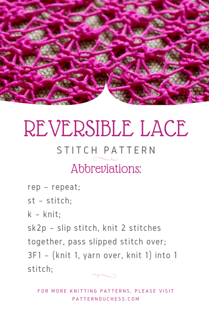 Easy reversible lace stitch pattern for a simple lace project for beginners